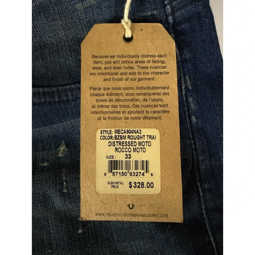 True Religion Rocco Moto Jeans Mens 33 NWT Distressed Blue Skinny Biker